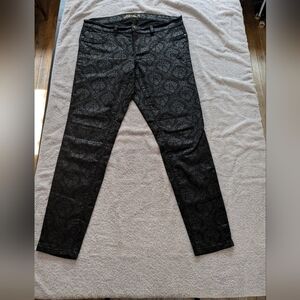 Vintage 2000's, black, shiny, paisley print, skinny jeans.